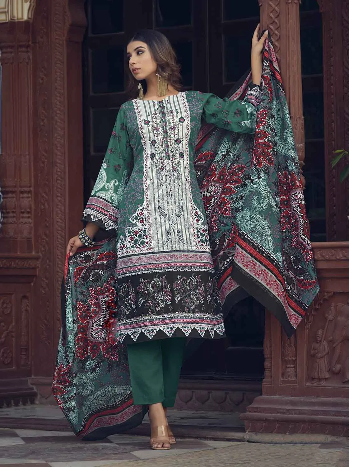 Belliza Pakistani Print Unstitched Cotton Suits with Dupatta Green