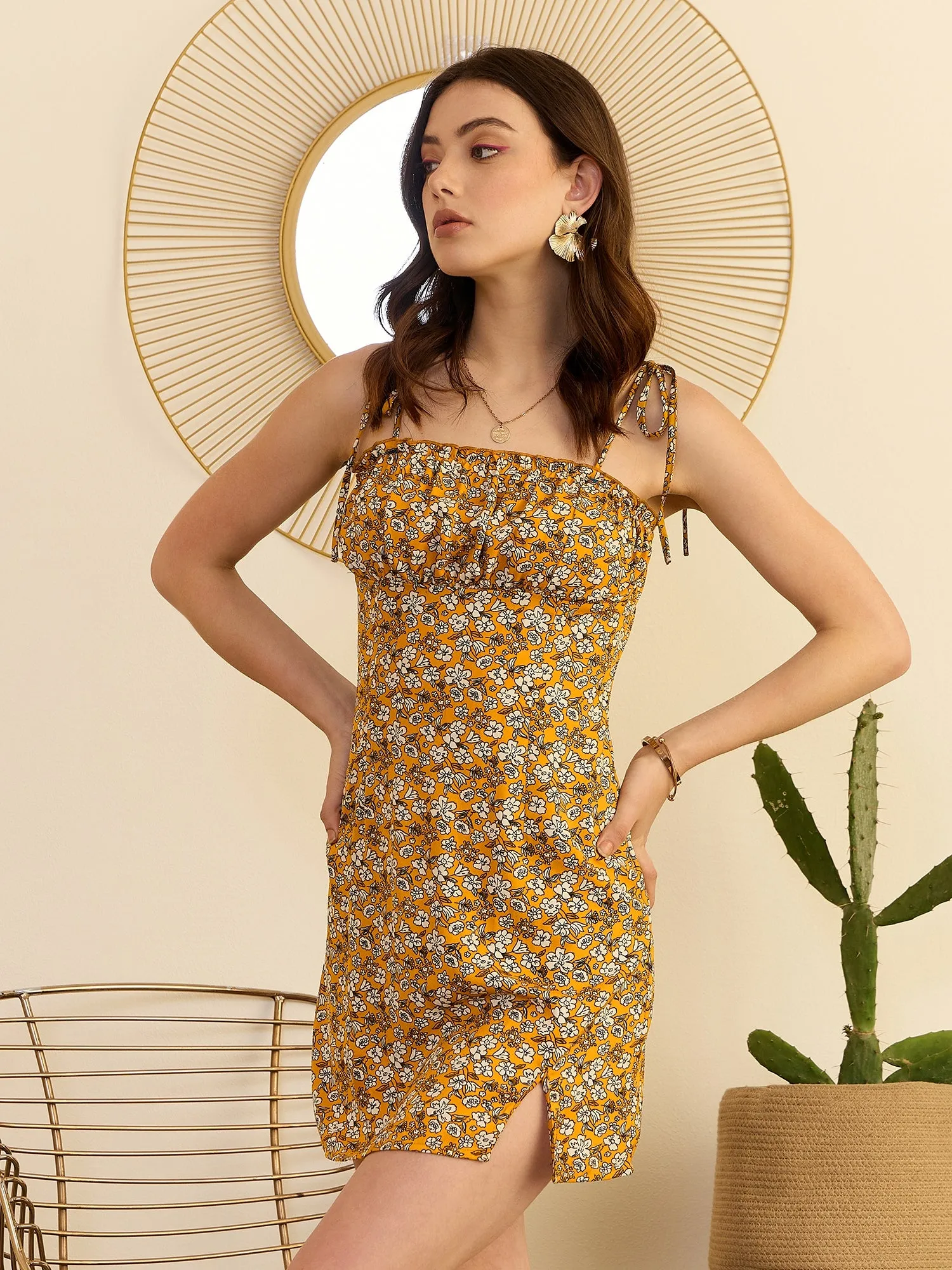 Berrylush Women Mustard Yellow & White Floral Printed Square Neck Tie-Up Straps Side-Slit Straight Hem Pleated Mini Empire Dress