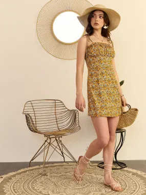 Berrylush Women Mustard Yellow & White Floral Printed Square Neck Tie-Up Straps Side-Slit Straight Hem Pleated Mini Empire Dress