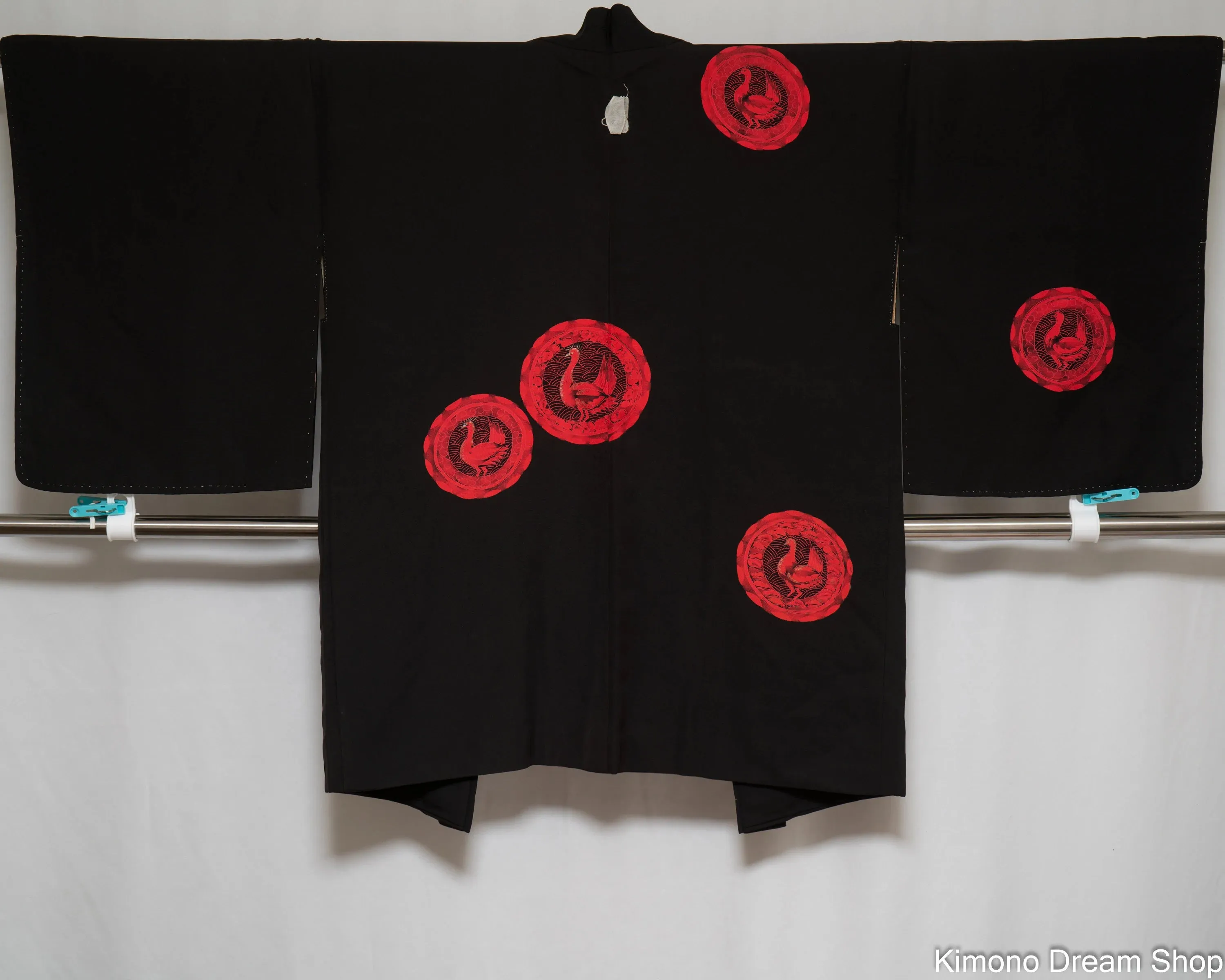 Birds in Red Circles Black Silk Haori - Vintage Kimono Jacket