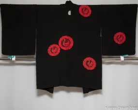 Birds in Red Circles Black Silk Haori - Vintage Kimono Jacket