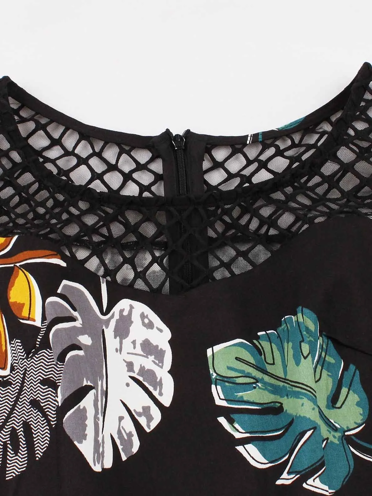 Black 1950s Leaves Print Sleeveless Dress