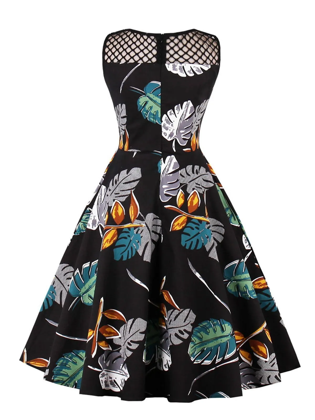 Black 1950s Leaves Print Sleeveless Dress