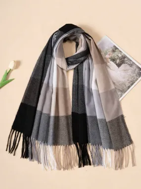 Black & Grey Plaid Fringed Scarf