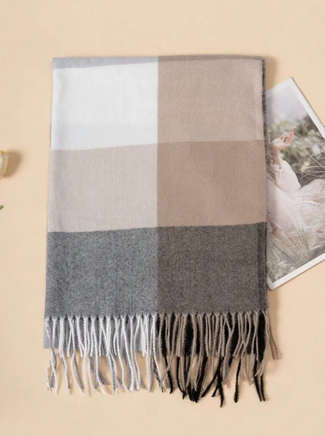 Black & Grey Plaid Fringed Scarf