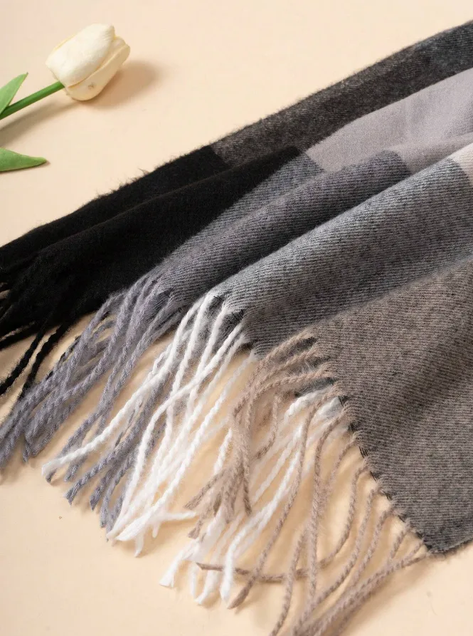 Black & Grey Plaid Fringed Scarf