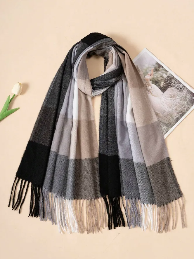 Black & Grey Plaid Fringed Scarf