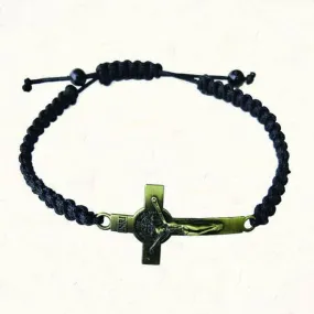 Black Slip knot bracelet with Antique Gold-tone St. Benedict Cross