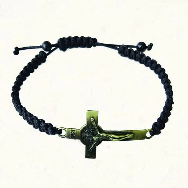 Black Slip knot bracelet with Antique Gold-tone St. Benedict Cross