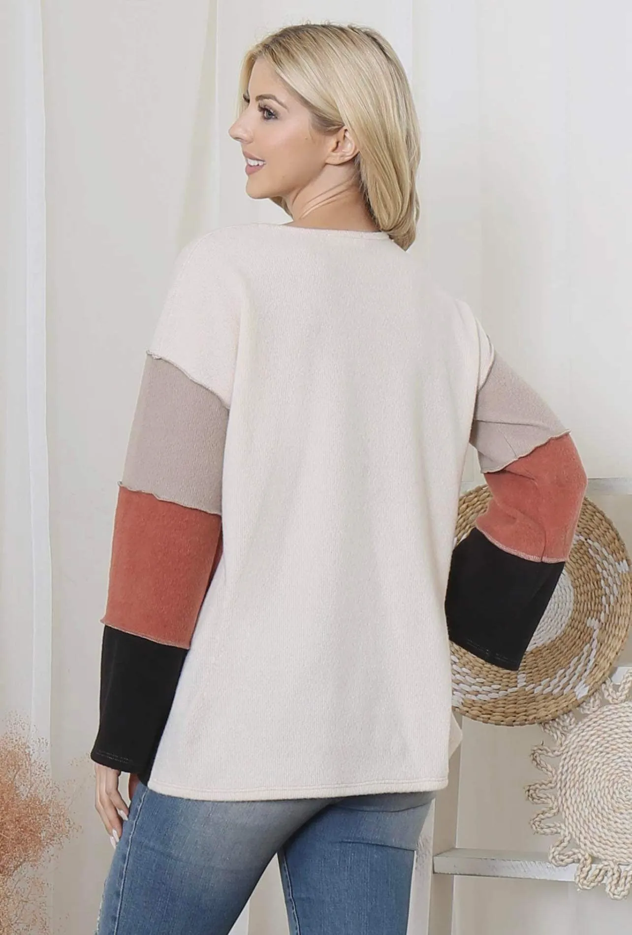 Blouse - Color Block Reversed Coverstitch Detail, Plus Size