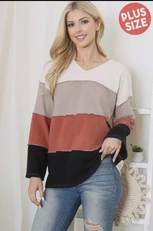 Blouse - Color Block Reversed Coverstitch Detail, Plus Size