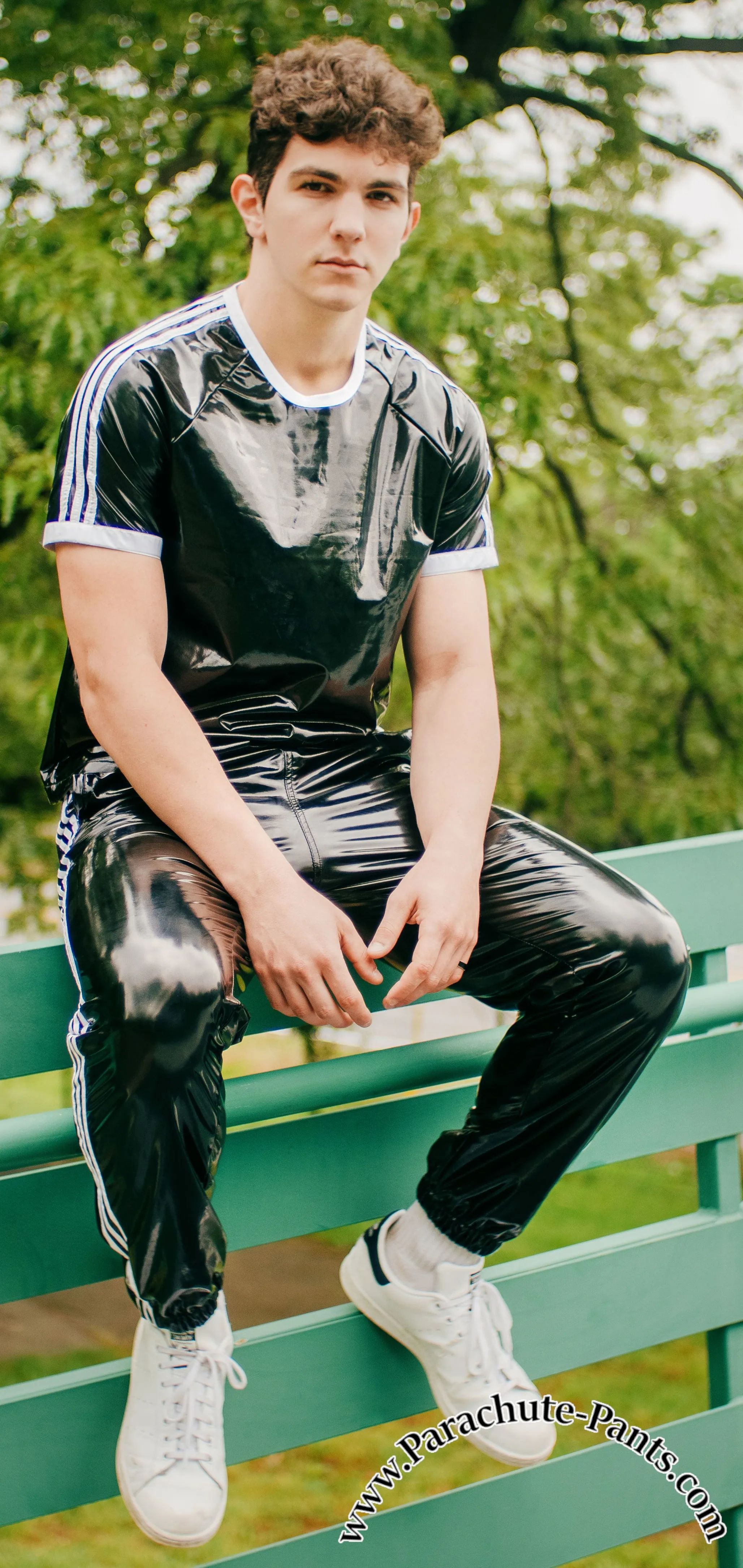 Bruno Black Shiny PVC Vinyl PU Plastic 3-Stripe Wind Pants