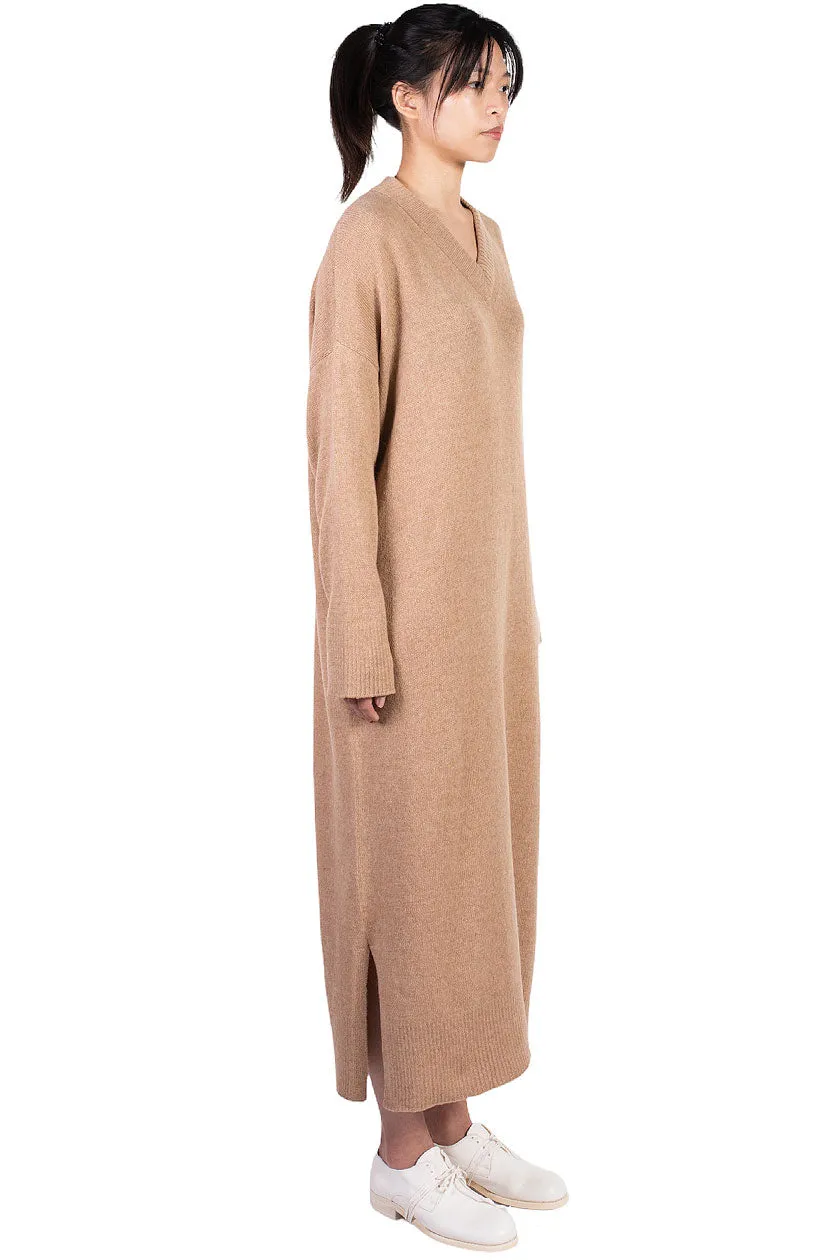 Camel Baby Alpaca V Neck Dress
