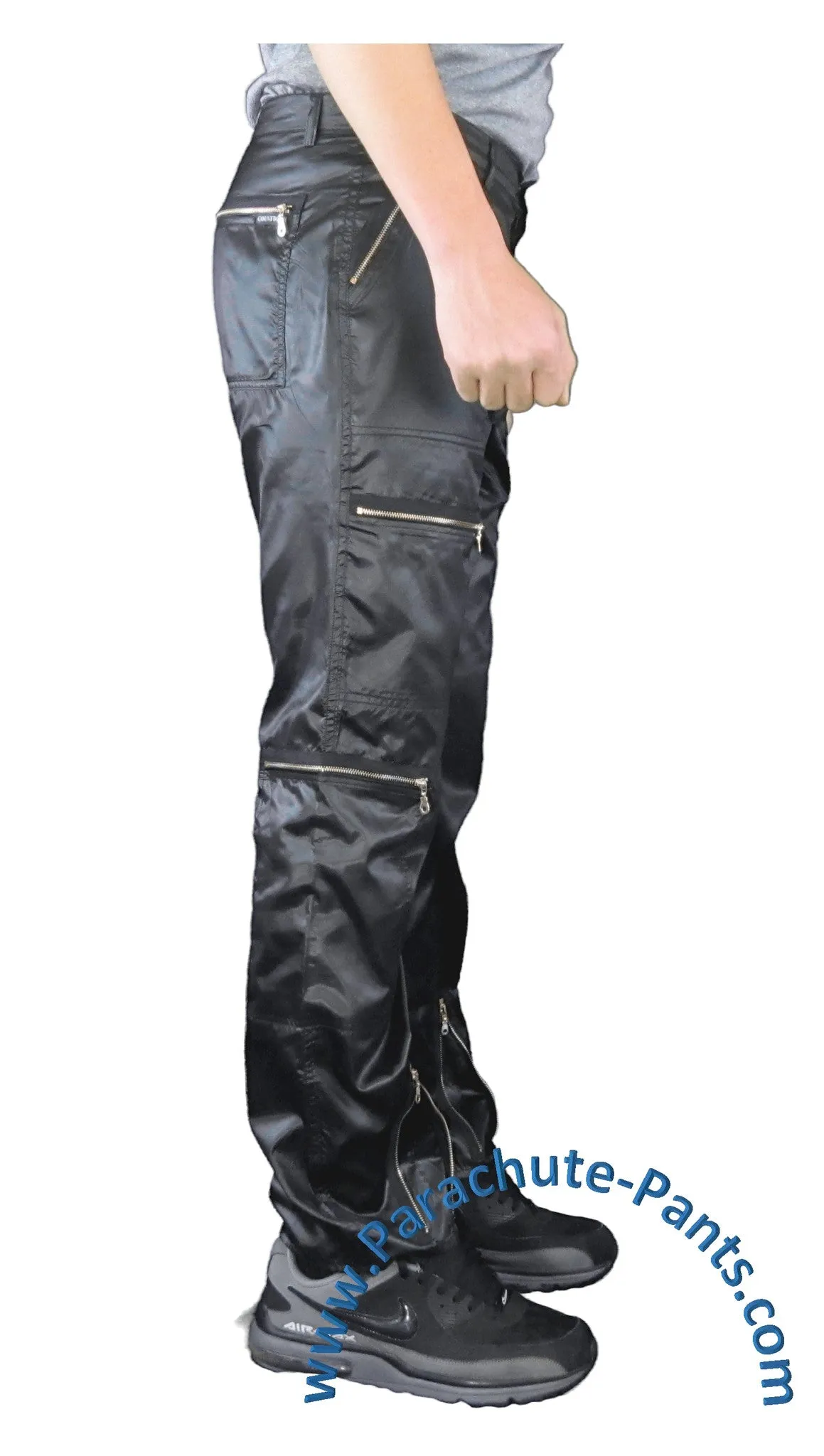 Countdown Black Shiny Nylon Parachute Pants with Steel Zippers