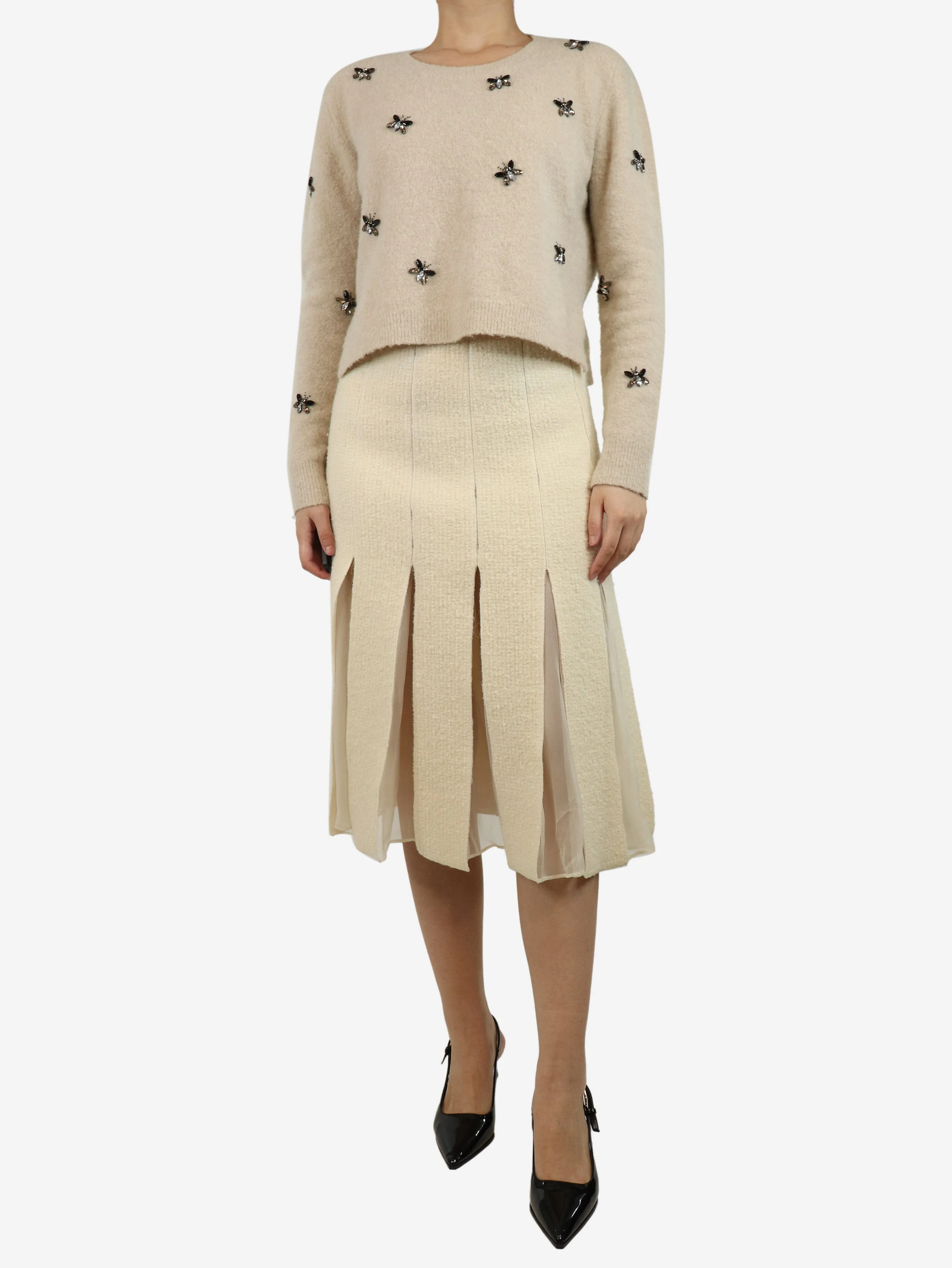Cream tweed pleated midi skirt - size UK 12