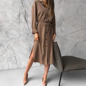 Dabourfeel Fashion Satin Casual Long Sleeve Midi Dress