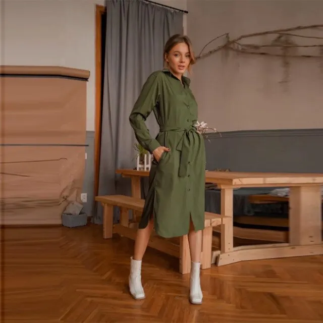 Dabourfeel Fashion Satin Casual Long Sleeve Midi Dress