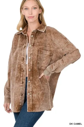 Dark Camel Oversized Premium Vintage Washed Corduroy Shacket