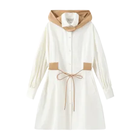 Detachable Hood Shirt Dress- White