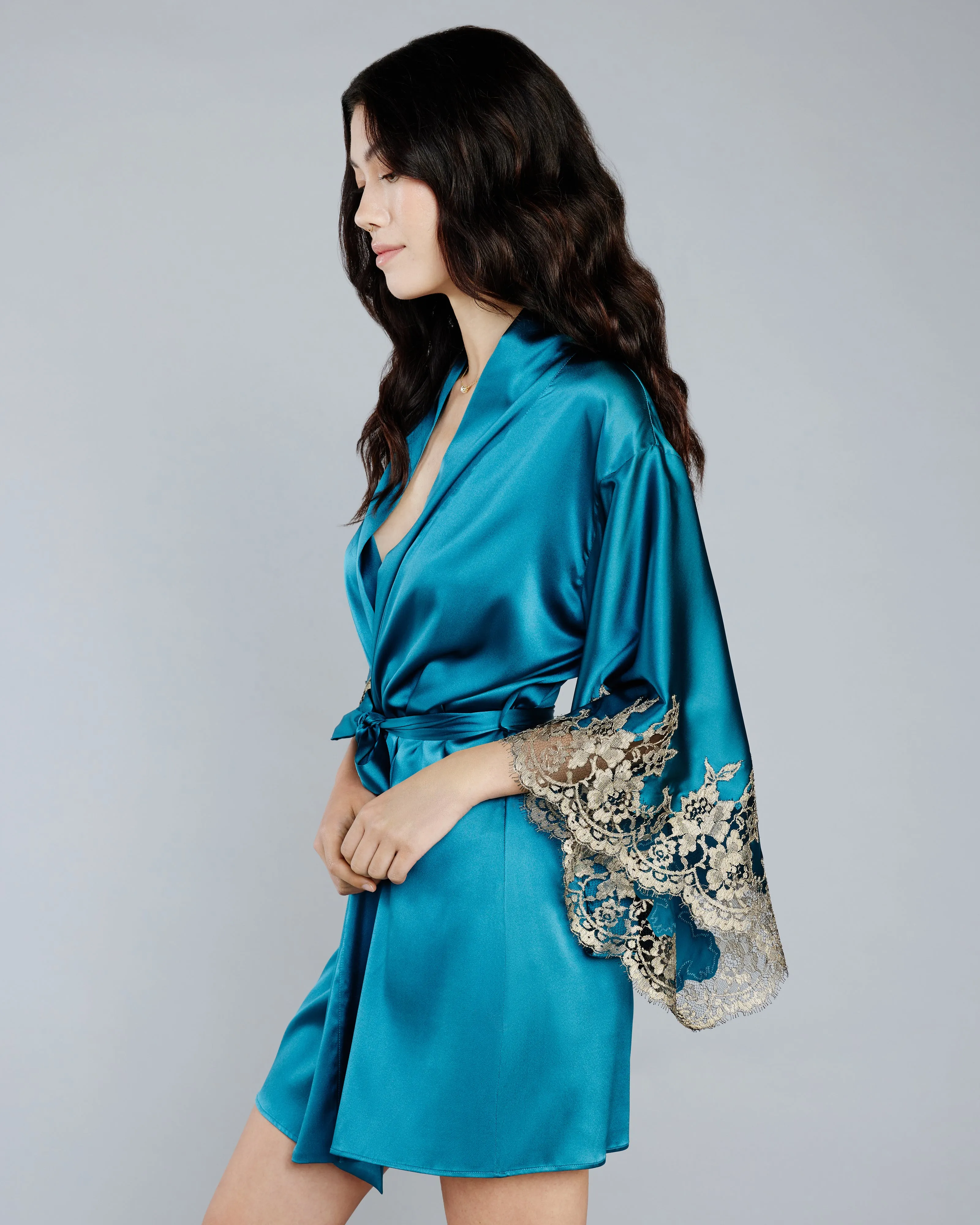 Elsa Teal Silk Kimono Robe