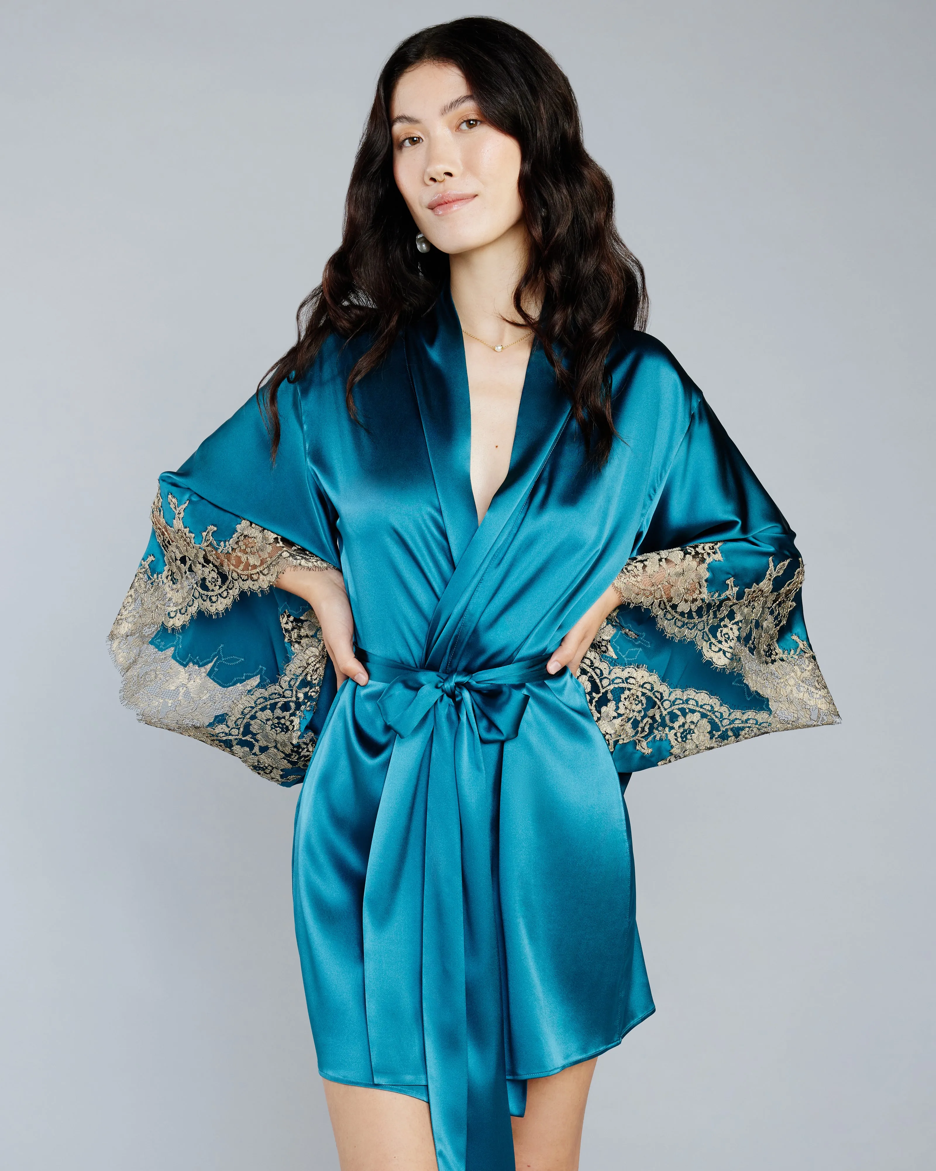 Elsa Teal Silk Kimono Robe