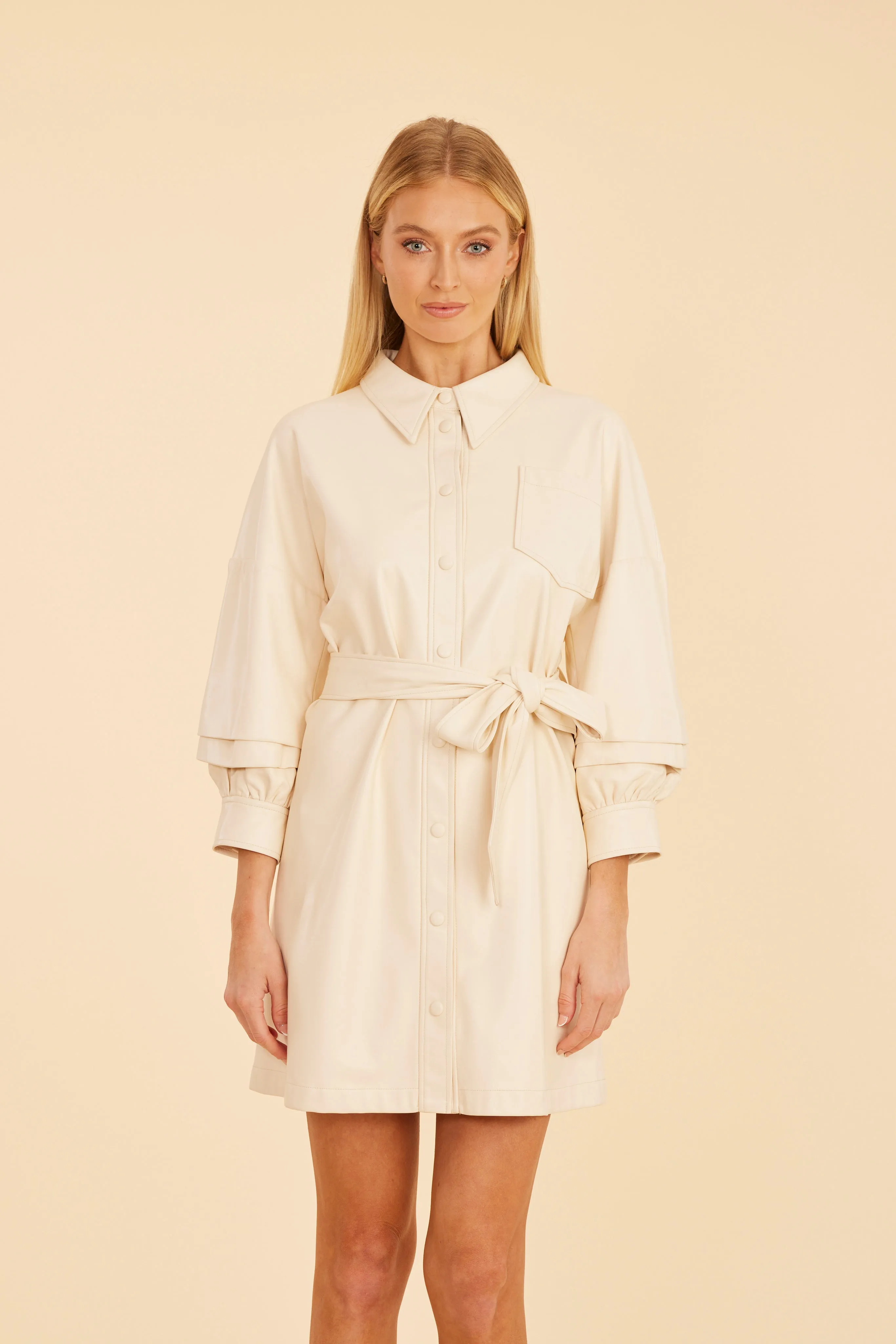 Faux Leather Belted Dress with Ruched Sleeves