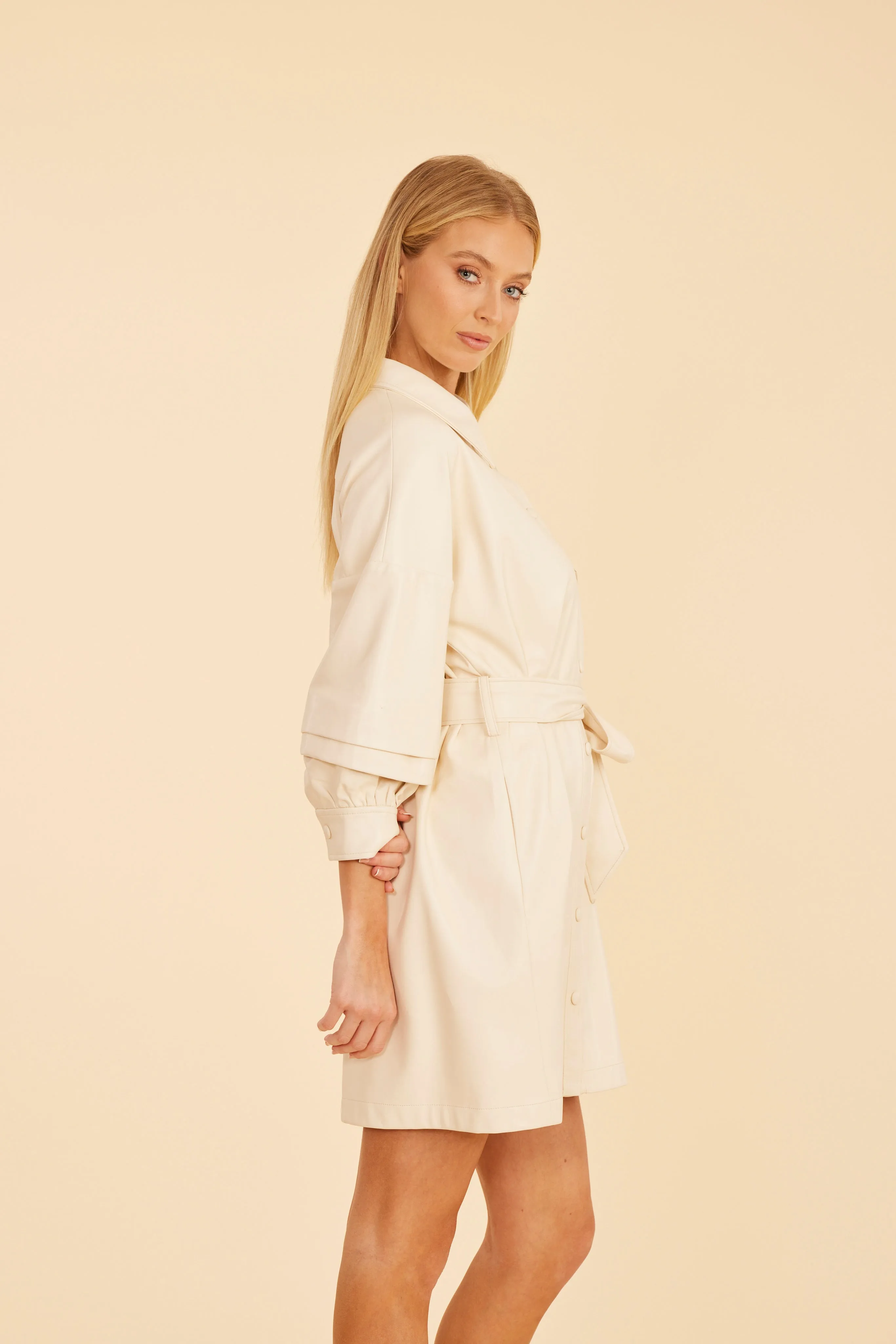 Faux Leather Belted Dress with Ruched Sleeves