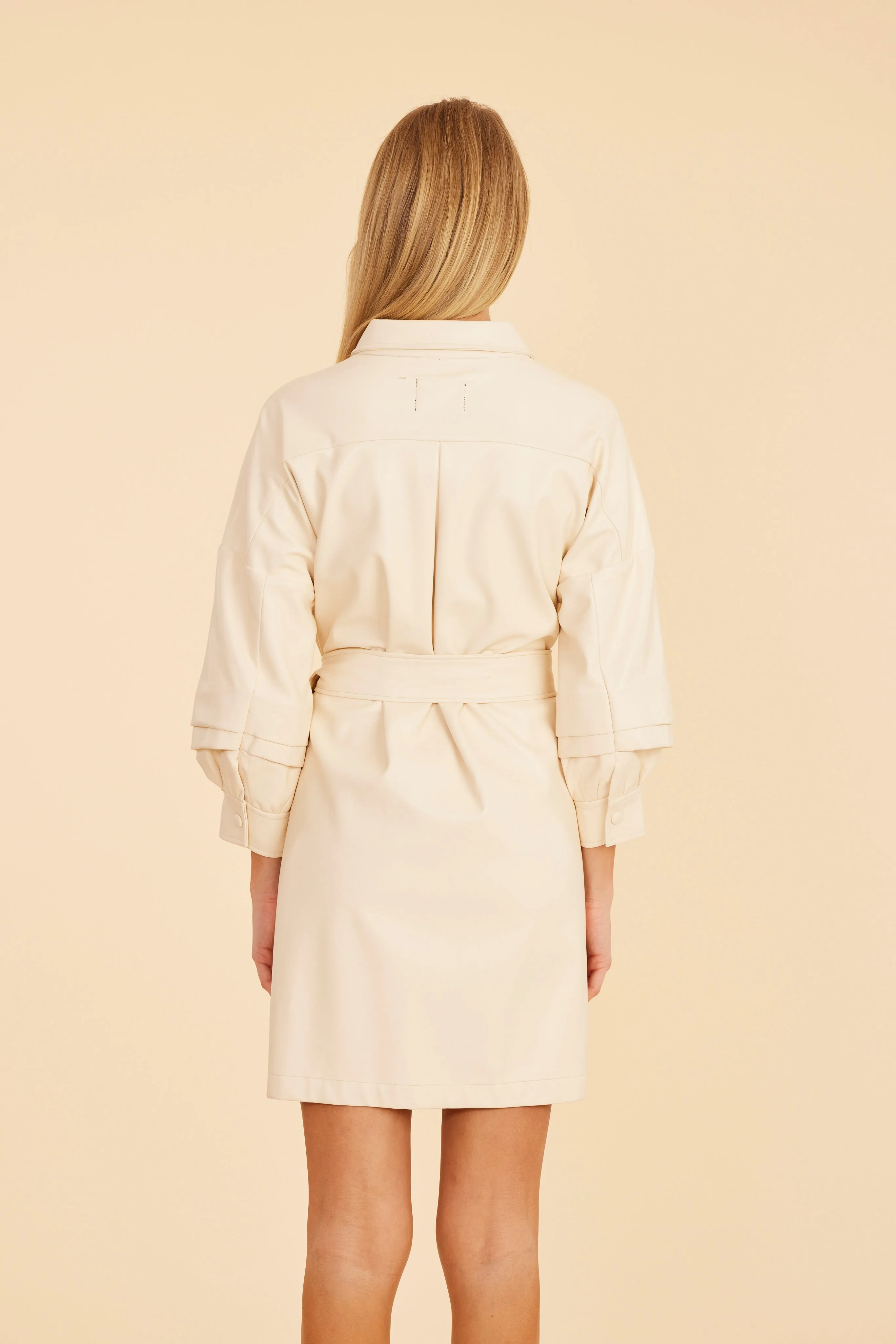 Faux Leather Belted Dress with Ruched Sleeves