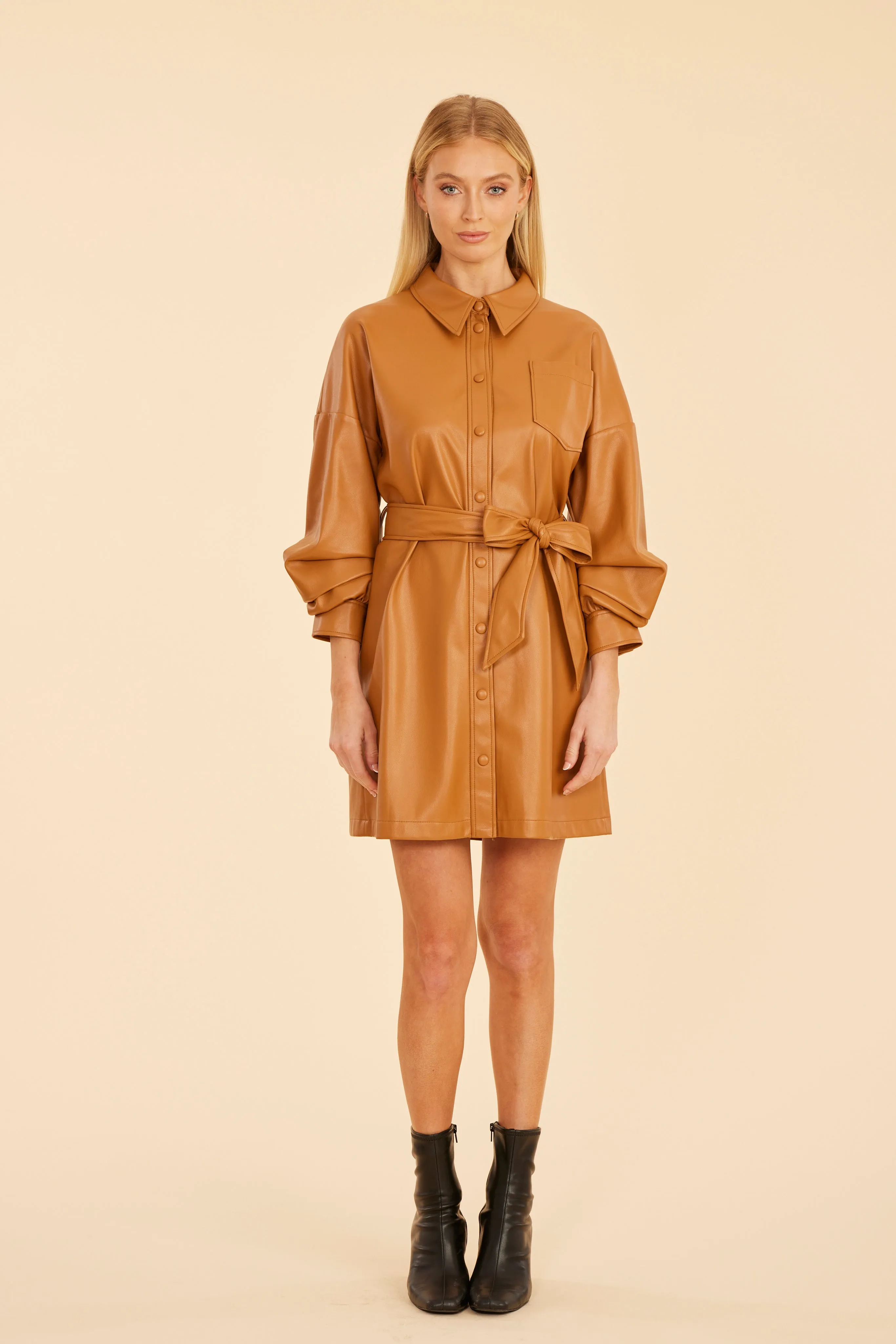 Faux Leather Belted Dress with Ruched Sleeves