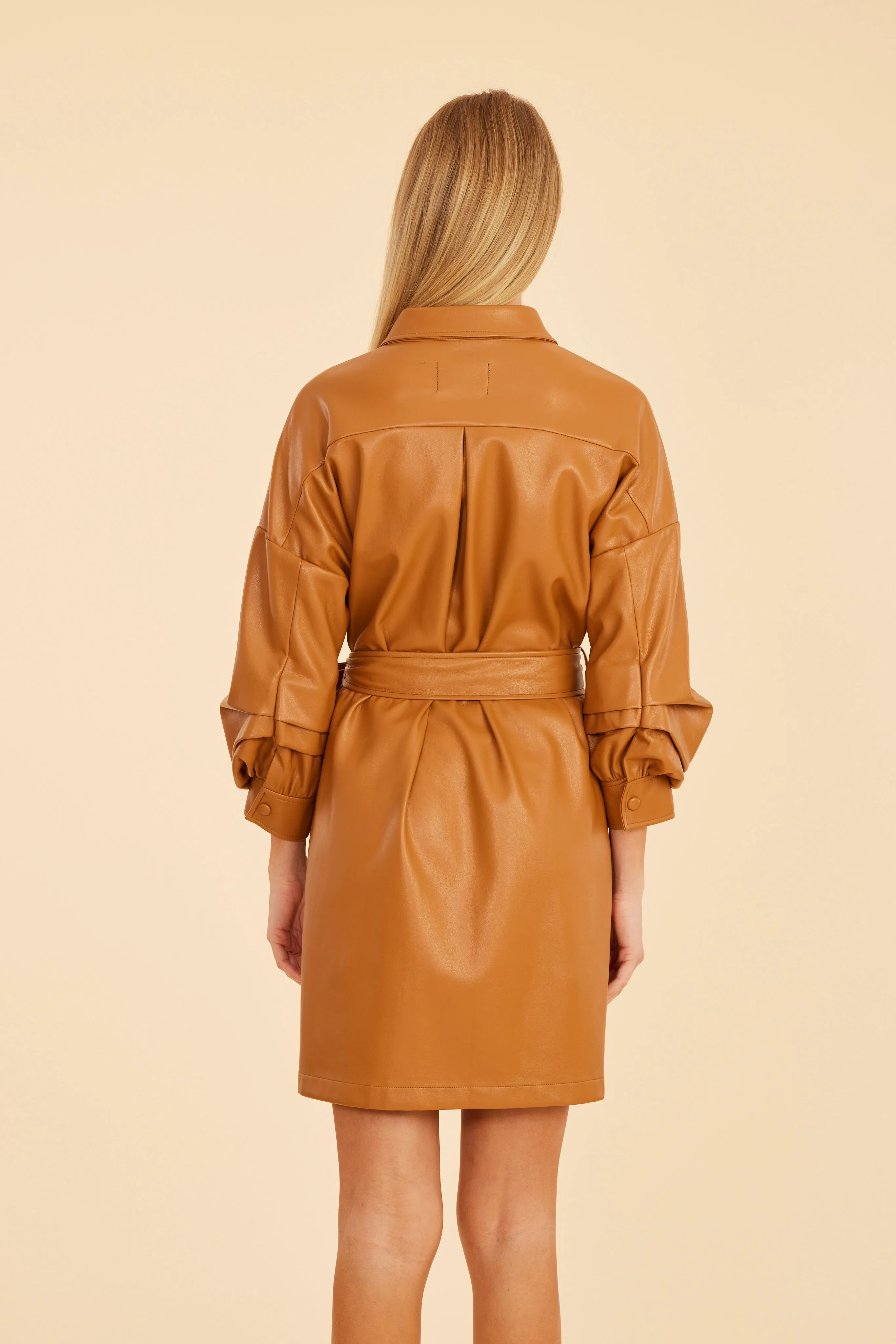 Faux Leather Belted Dress with Ruched Sleeves