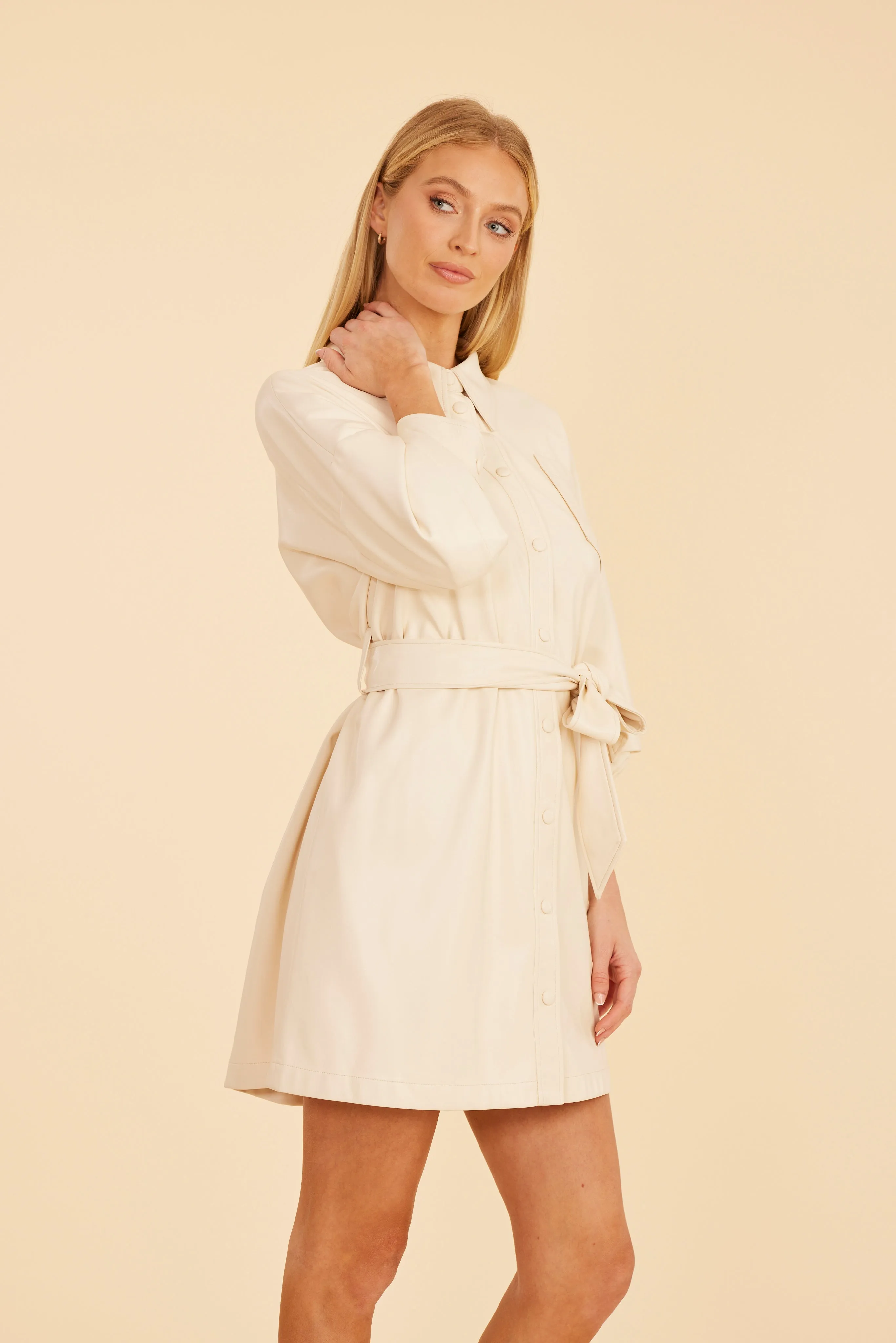 Faux Leather Belted Dress with Ruched Sleeves