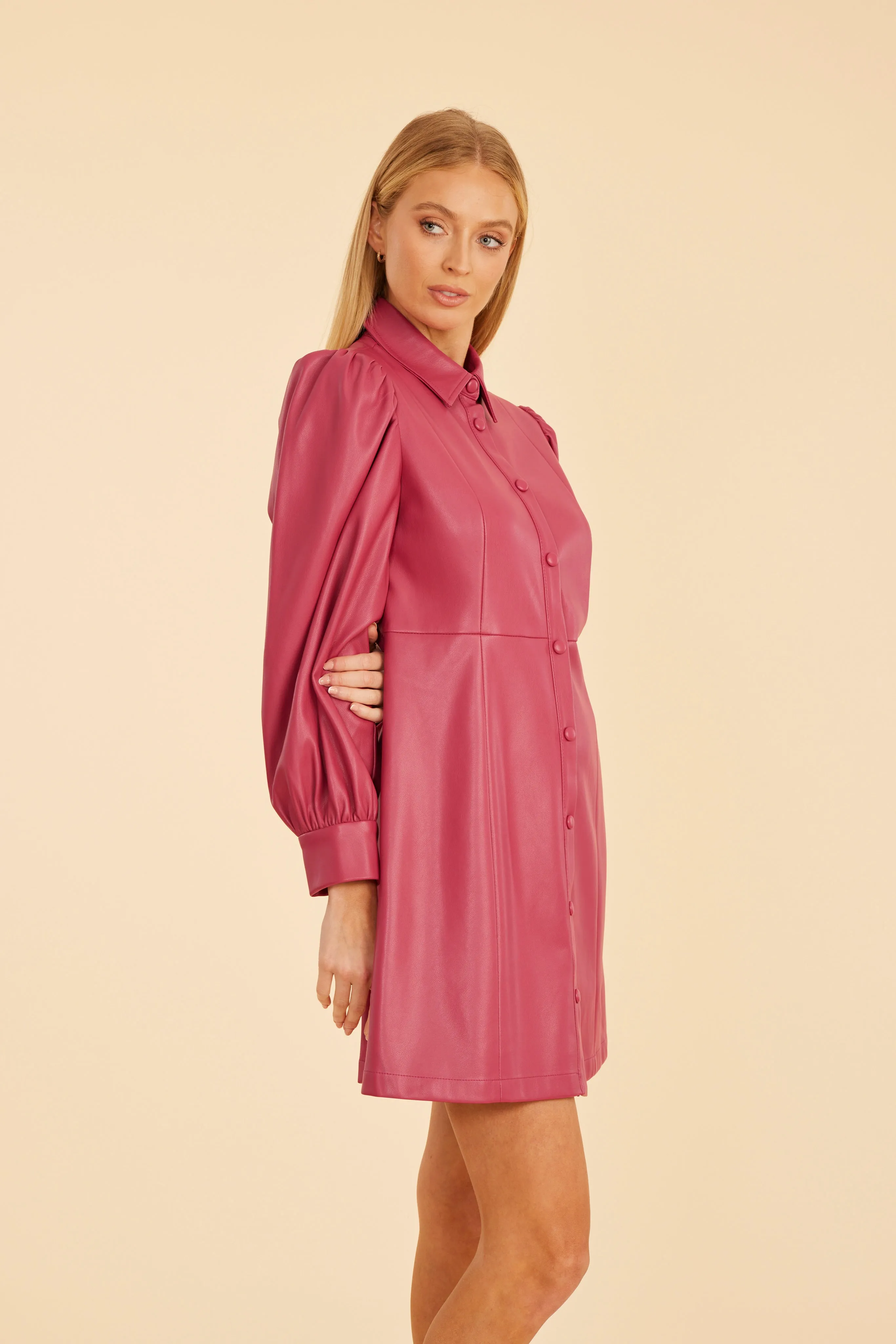 Faux Leather Puff Shoulder Tailored Dress