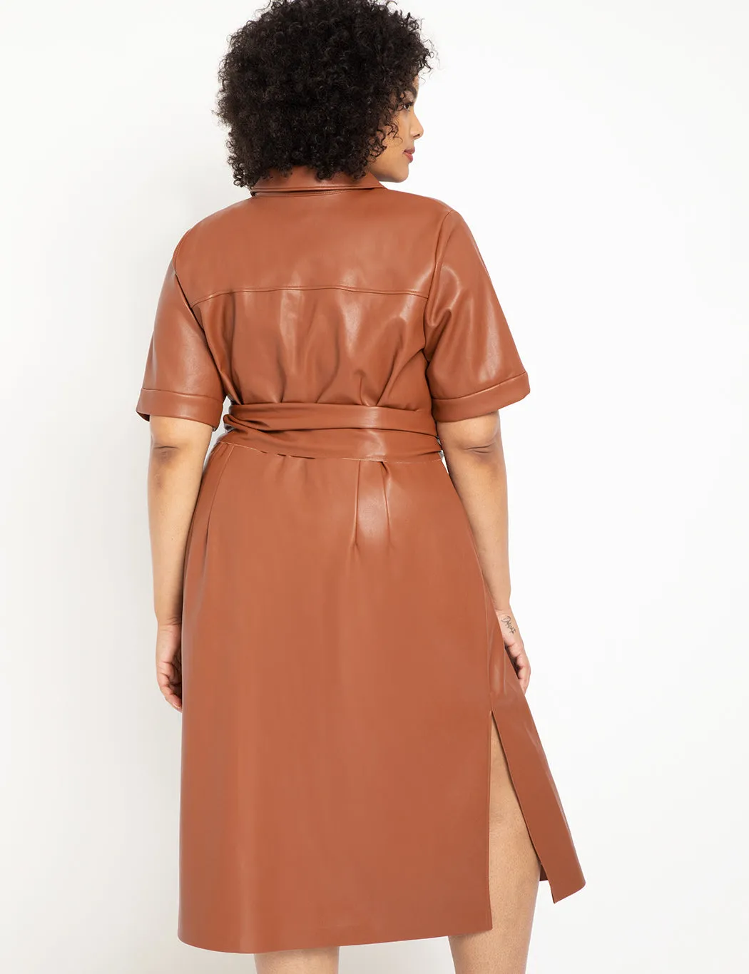 Faux Leather Trench Dress in Cognac