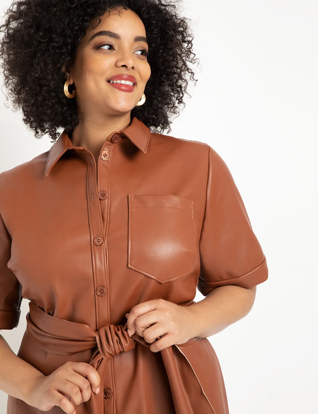 Faux Leather Trench Dress in Cognac