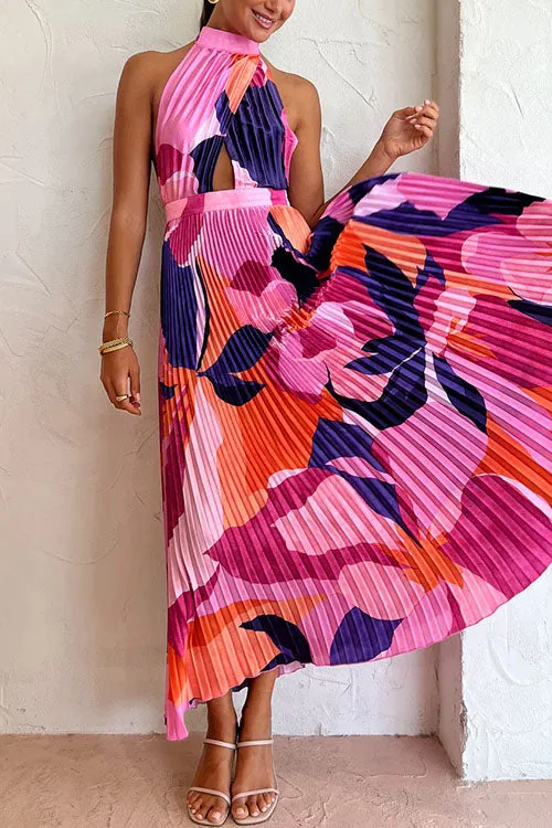 Febedress Halter Backless Cut Out Printed Maxi Pleated Dress