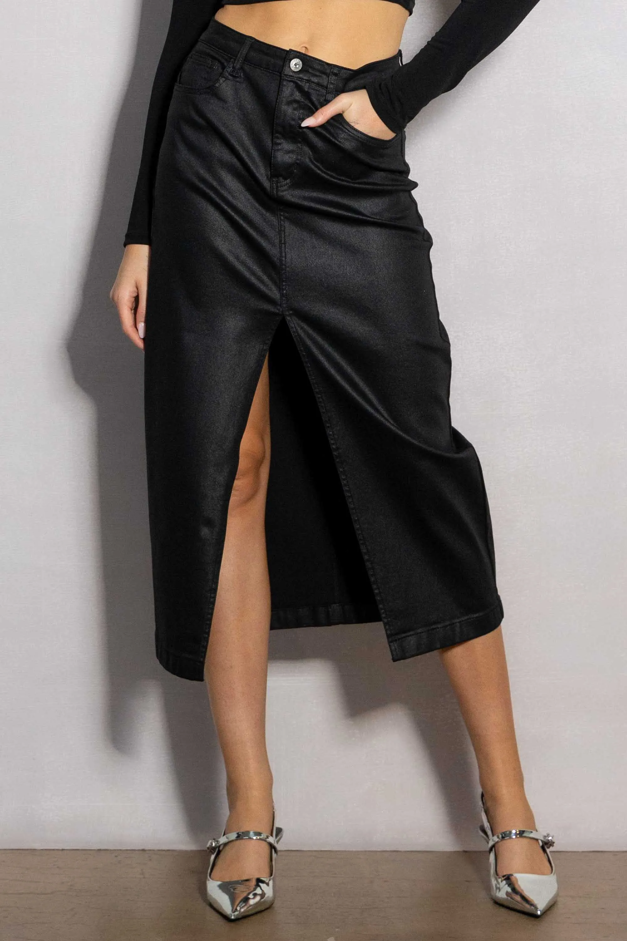 Front Slit Midi Coated Skirt