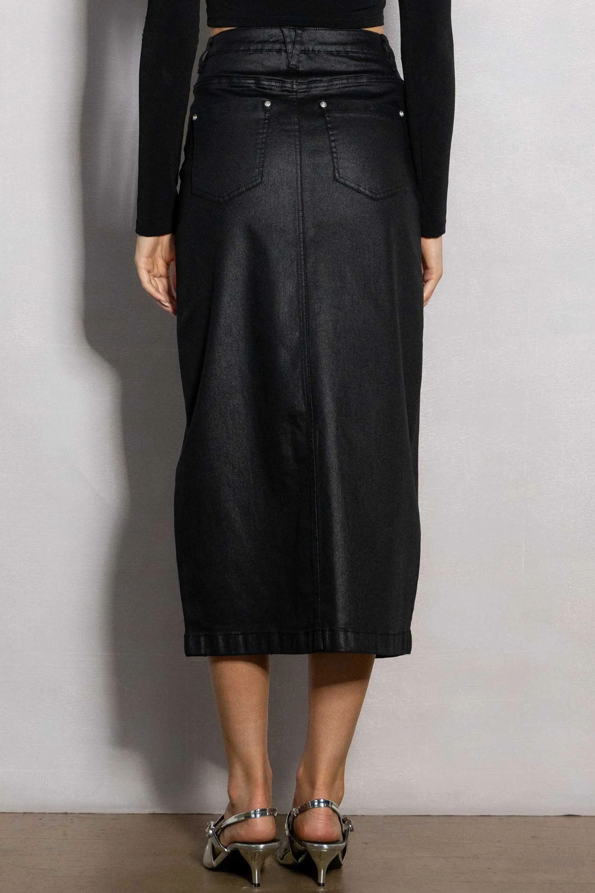 Front Slit Midi Coated Skirt