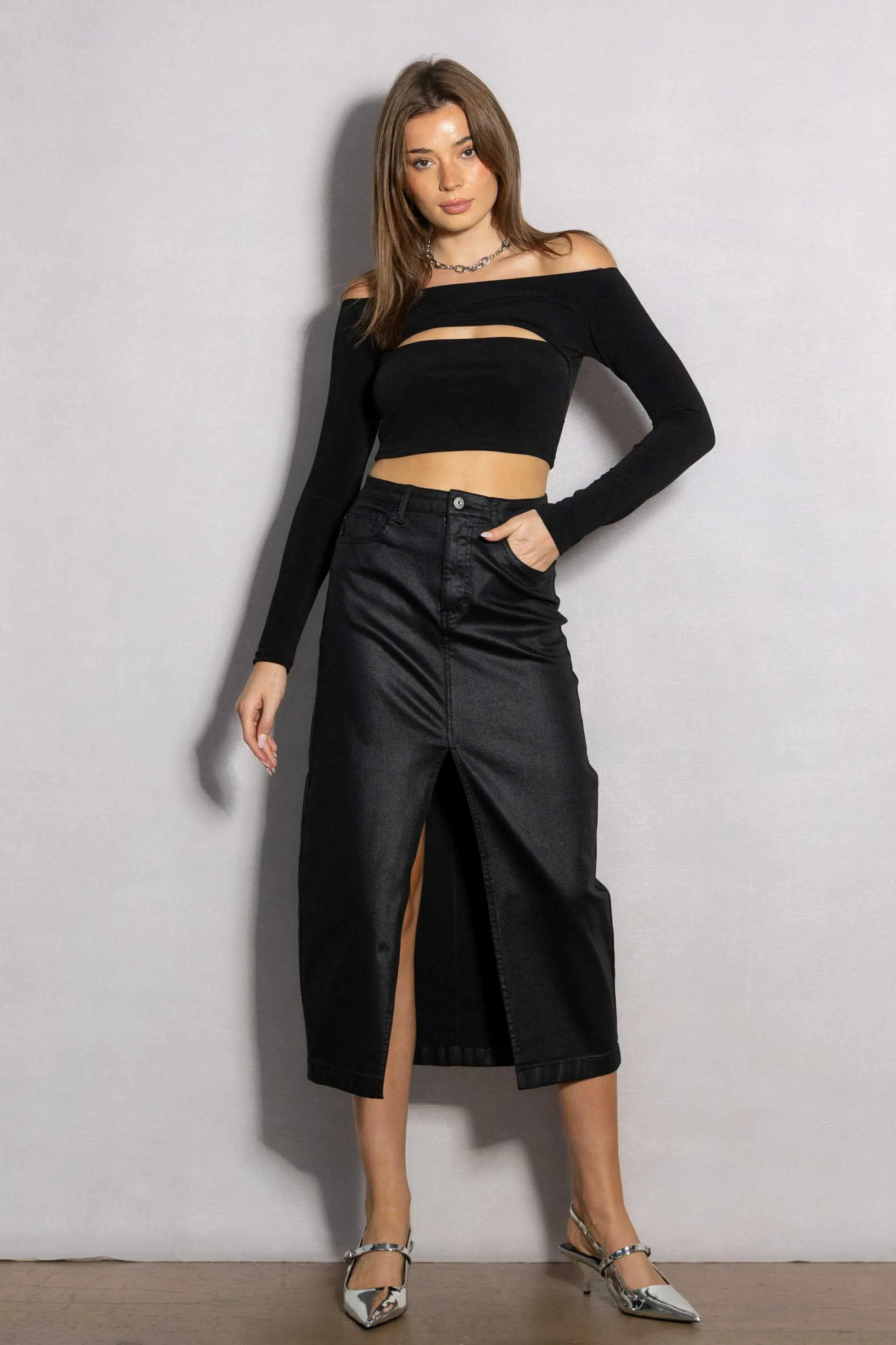 Front Slit Midi Coated Skirt