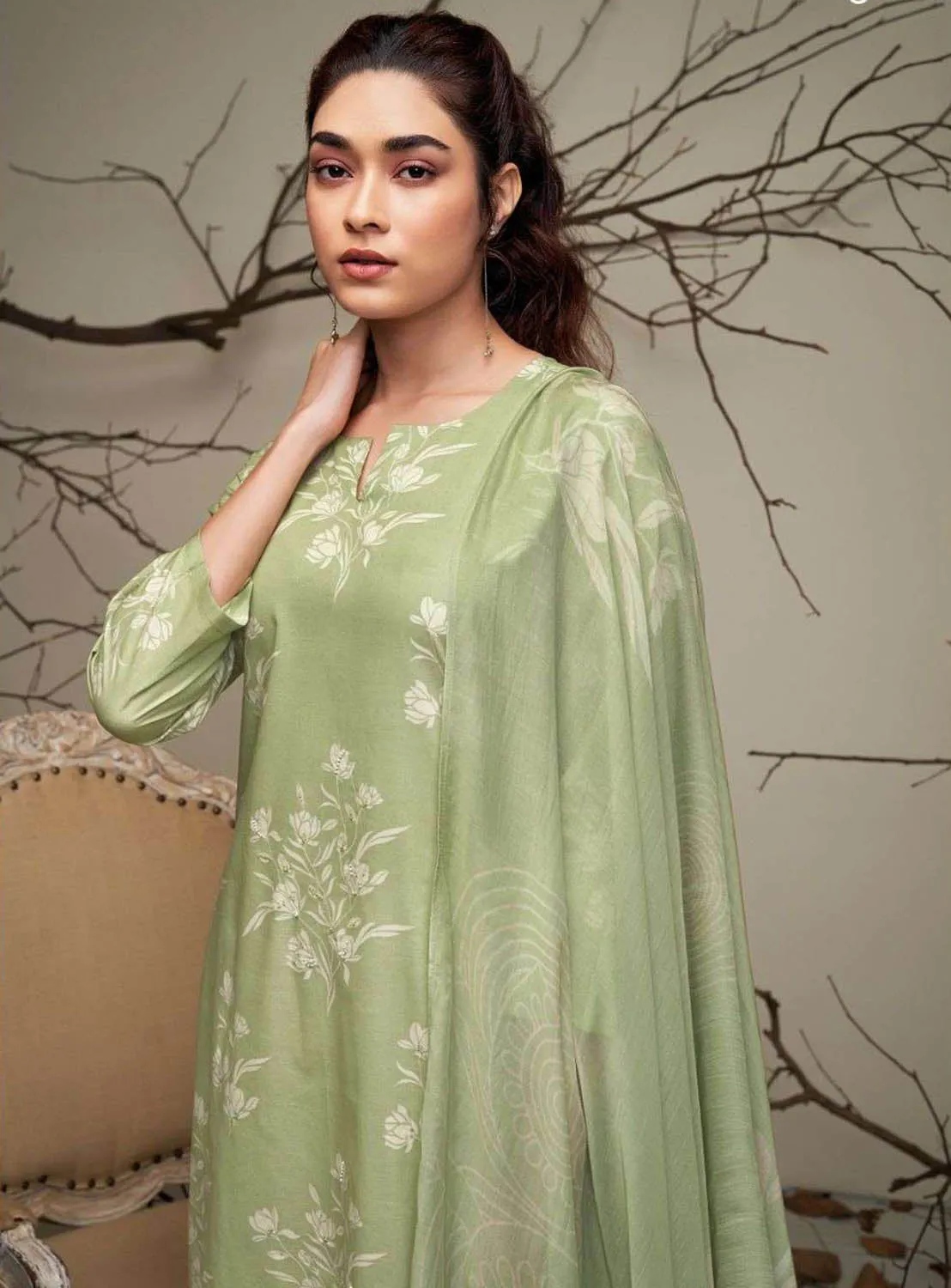 Ganga Pure Cotton Green Printed Ladies Unstitched Suit Dress Material