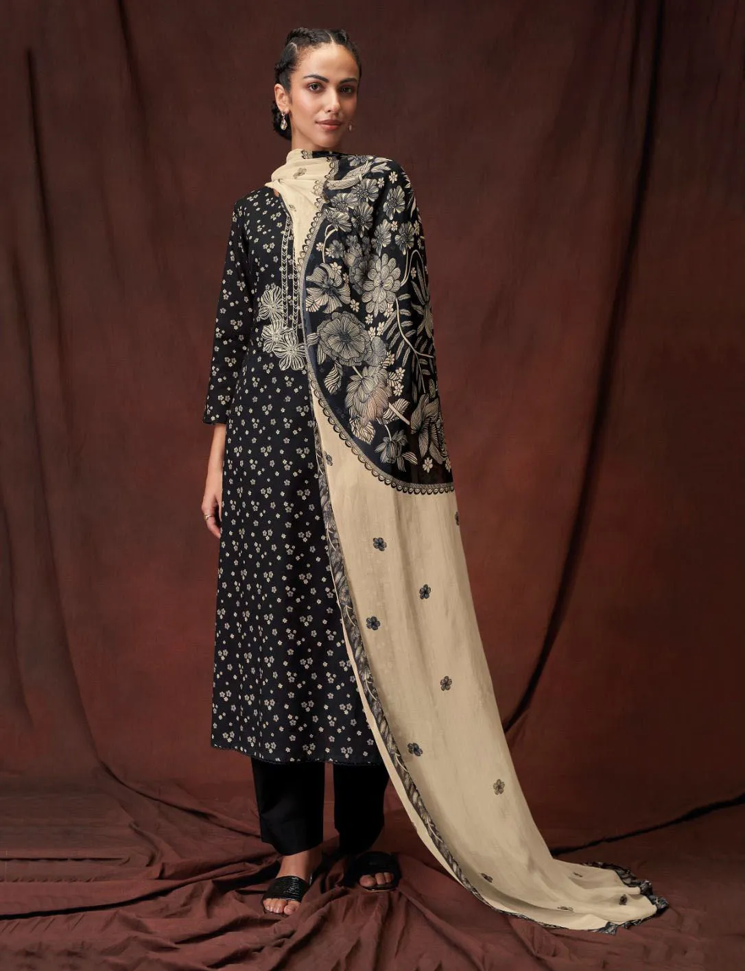 Ganga Unstitched Suit Material Fabric with Chiffon Dupatta Black