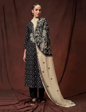 Ganga Unstitched Suit Material Fabric with Chiffon Dupatta Black