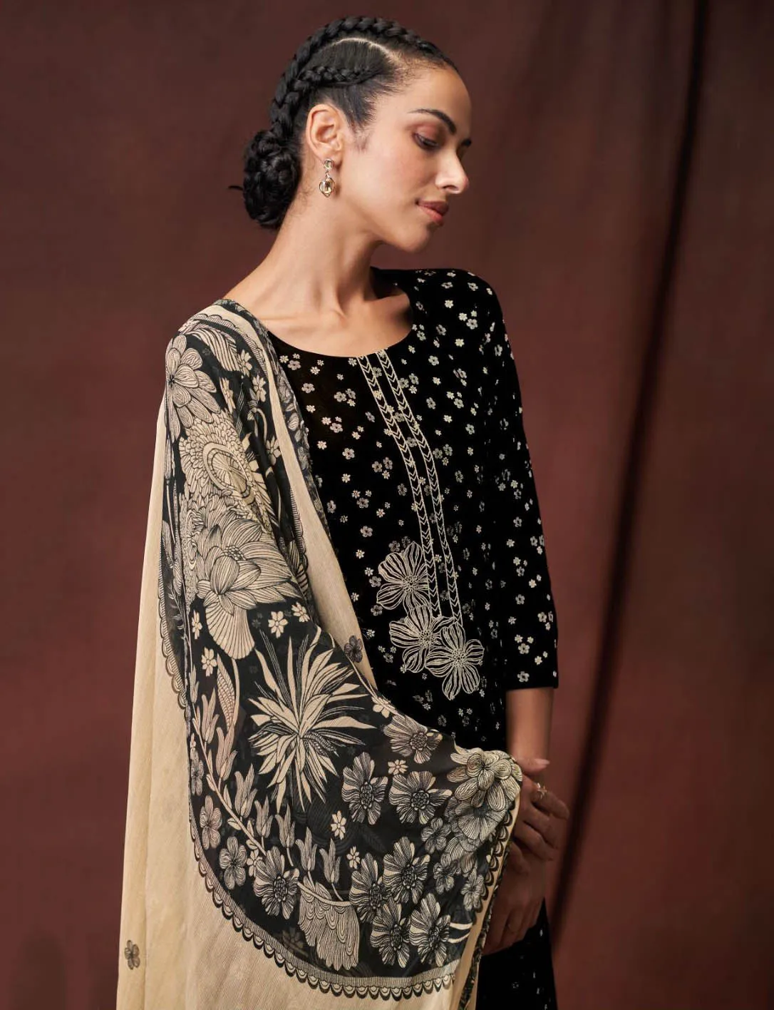 Ganga Unstitched Suit Material Fabric with Chiffon Dupatta Black