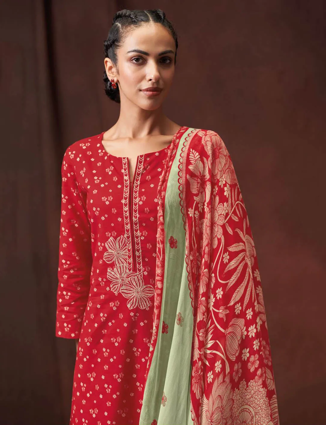 Ganga Unstitched Suit Material Fabric with Chiffon Dupatta Red