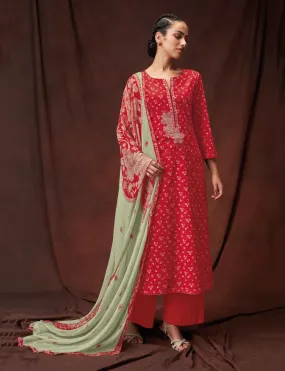 Ganga Unstitched Suit Material Fabric with Chiffon Dupatta Red