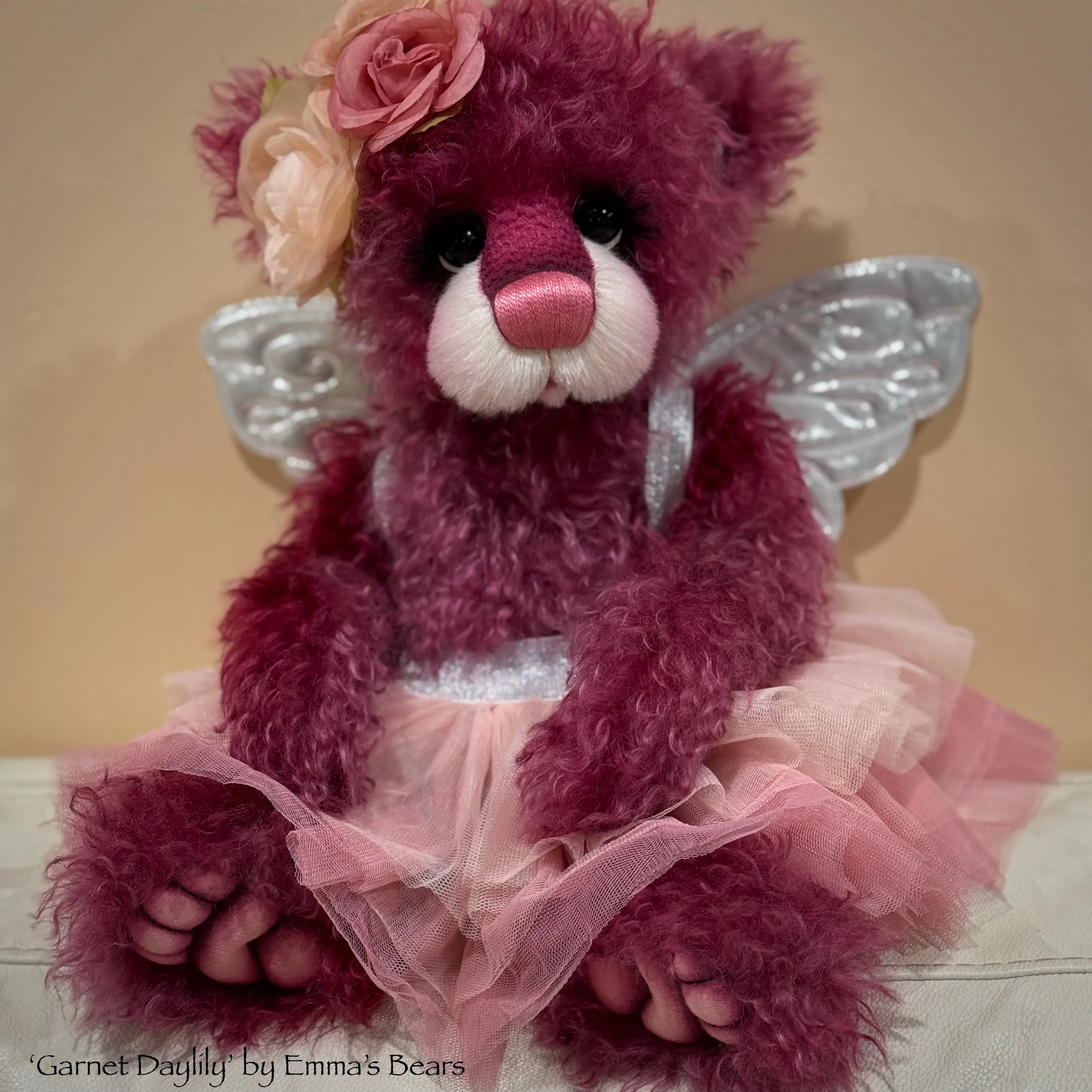Garnet Daylily - 18" Hand-dyed Curlylocks Mohair Artist Fairy Bear by Emma's Bears - OOAK