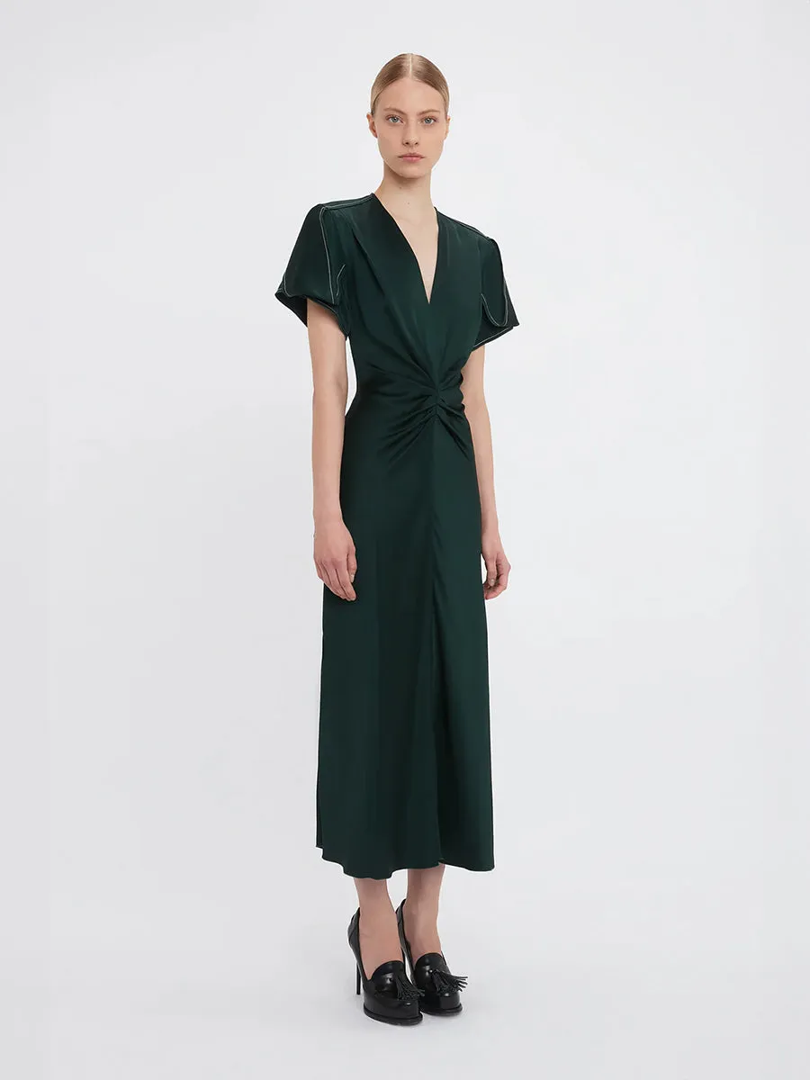 Gathered V Neck Midi Dress in Seaweed