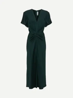 Gathered V Neck Midi Dress in Seaweed
