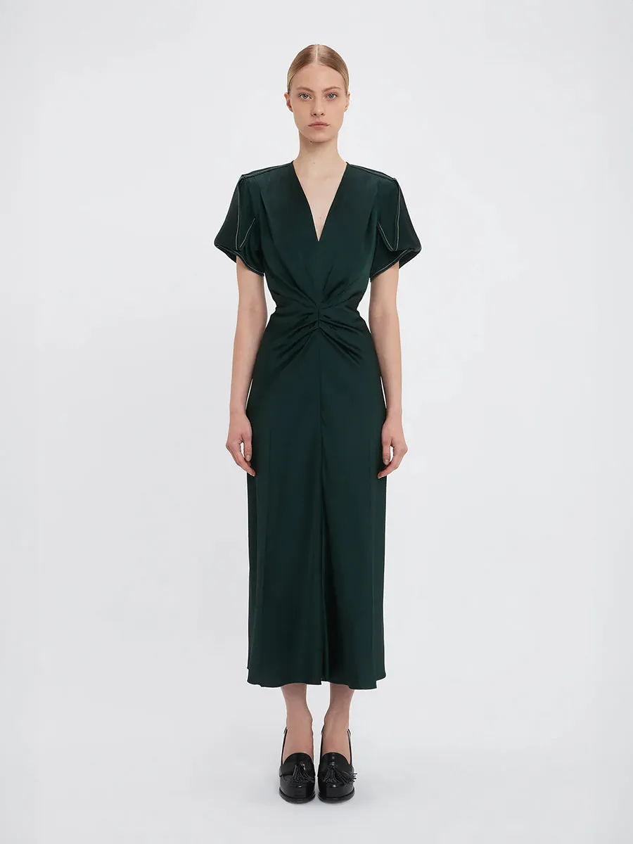 Gathered V Neck Midi Dress in Seaweed