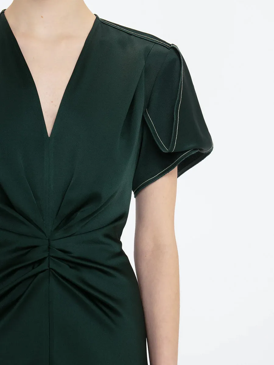Gathered V Neck Midi Dress in Seaweed