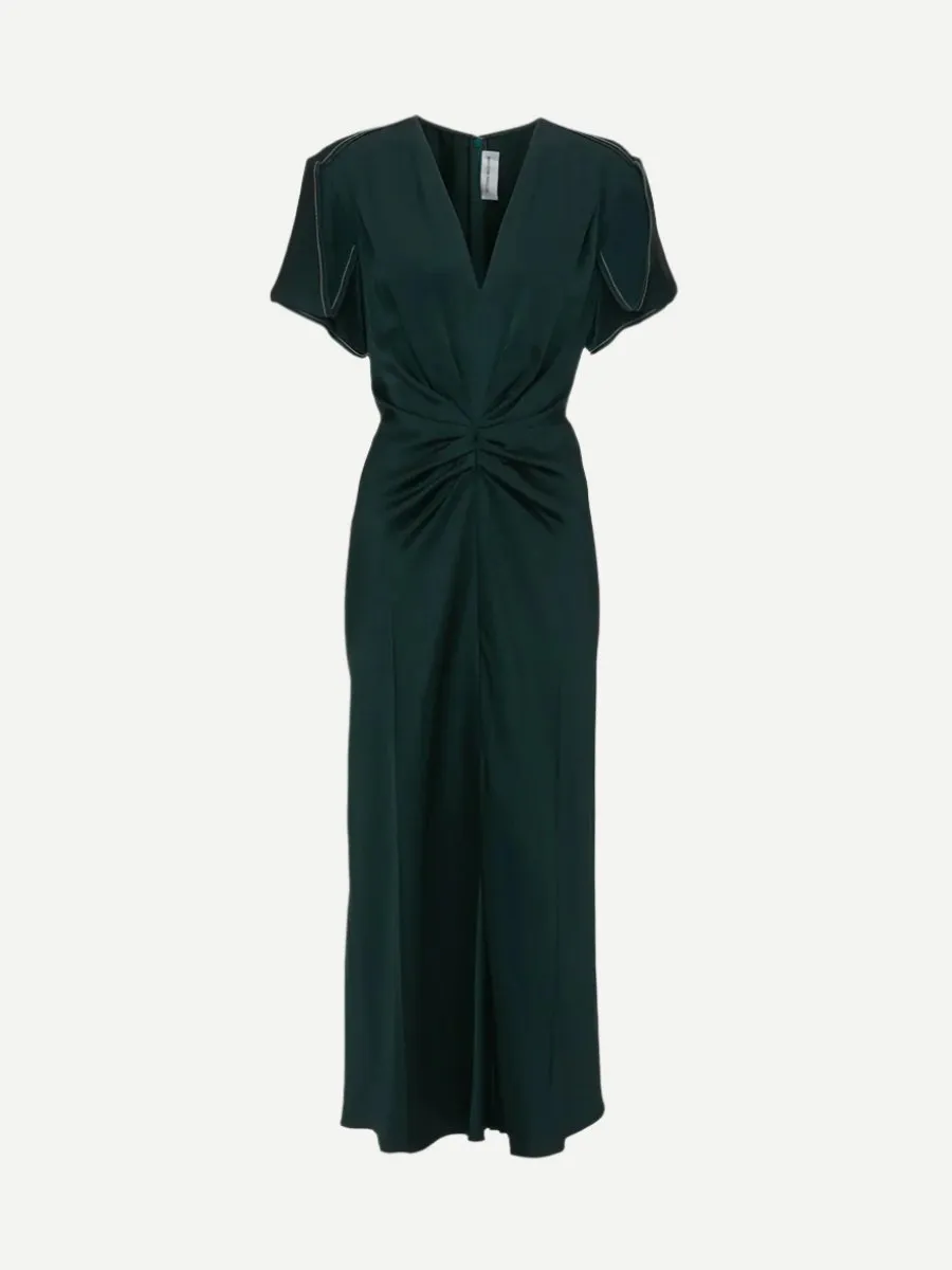 Gathered V Neck Midi Dress in Seaweed